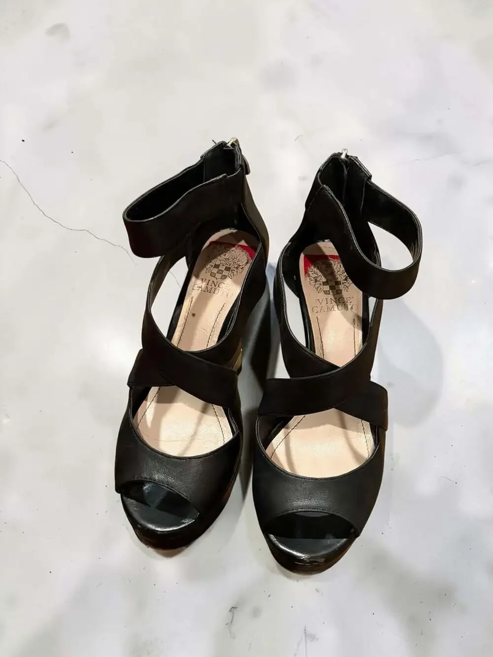 Vince Camuto VC-WINDINI Black Mars Nappa Leather Platform Wedge Sandals, Size 7.